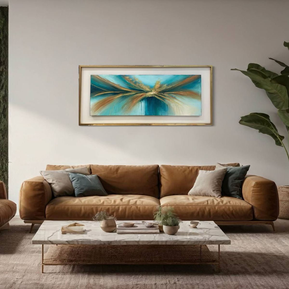 DEKAM DISEÑO - CUADRO ABSTRACTO PINTADO DALIA ENMCARCADO DORADO 146X66 CMS