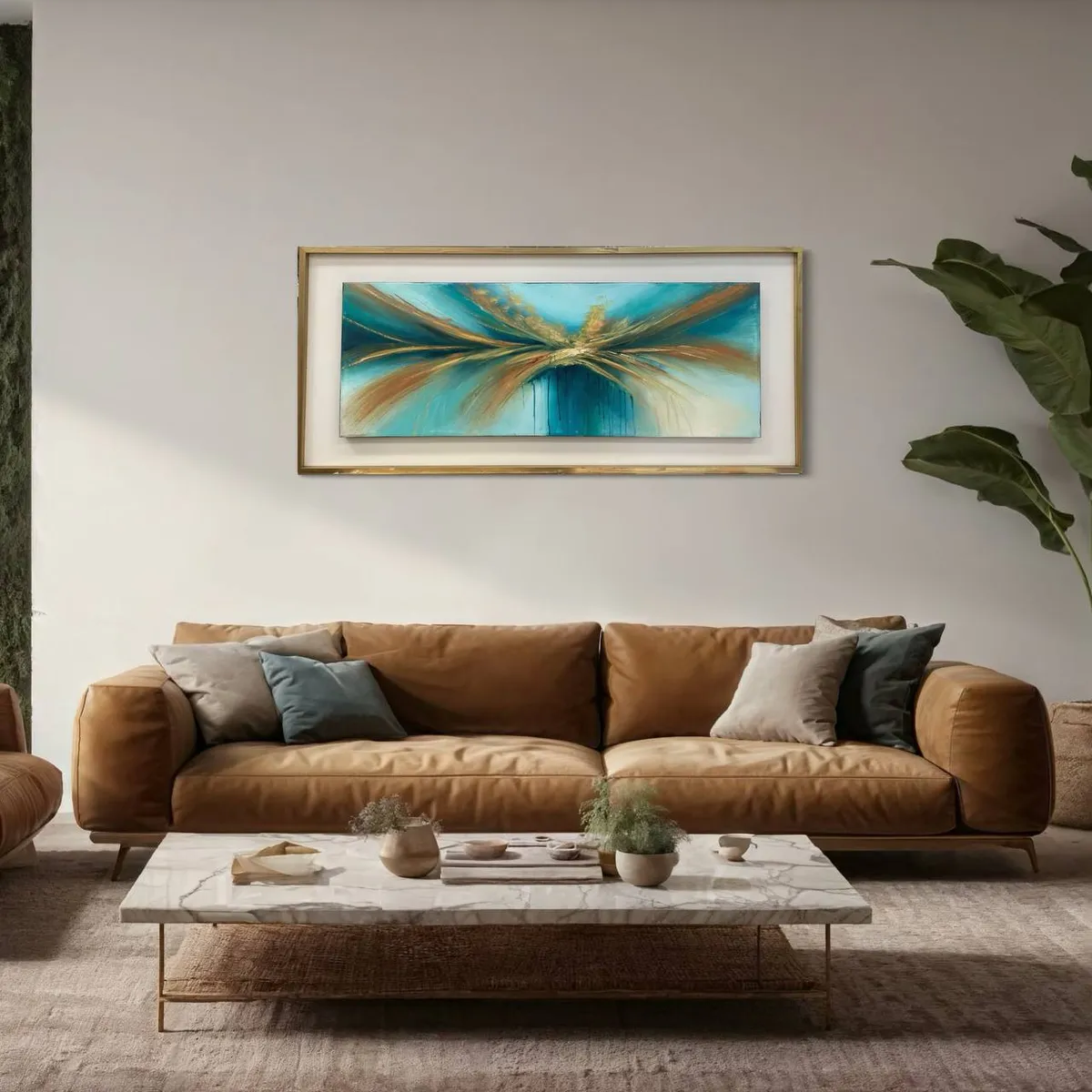 DEKAM DISEÑO - CUADRO ABSTRACTO PINTADO DALIA ENMCARCADO DORADO 146X66 CMS