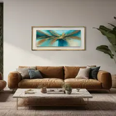 DEKAM DISEÑO - CUADRO ABSTRACTO PINTADO DALIA ENMCARCADO DORADO 146X66 CMS