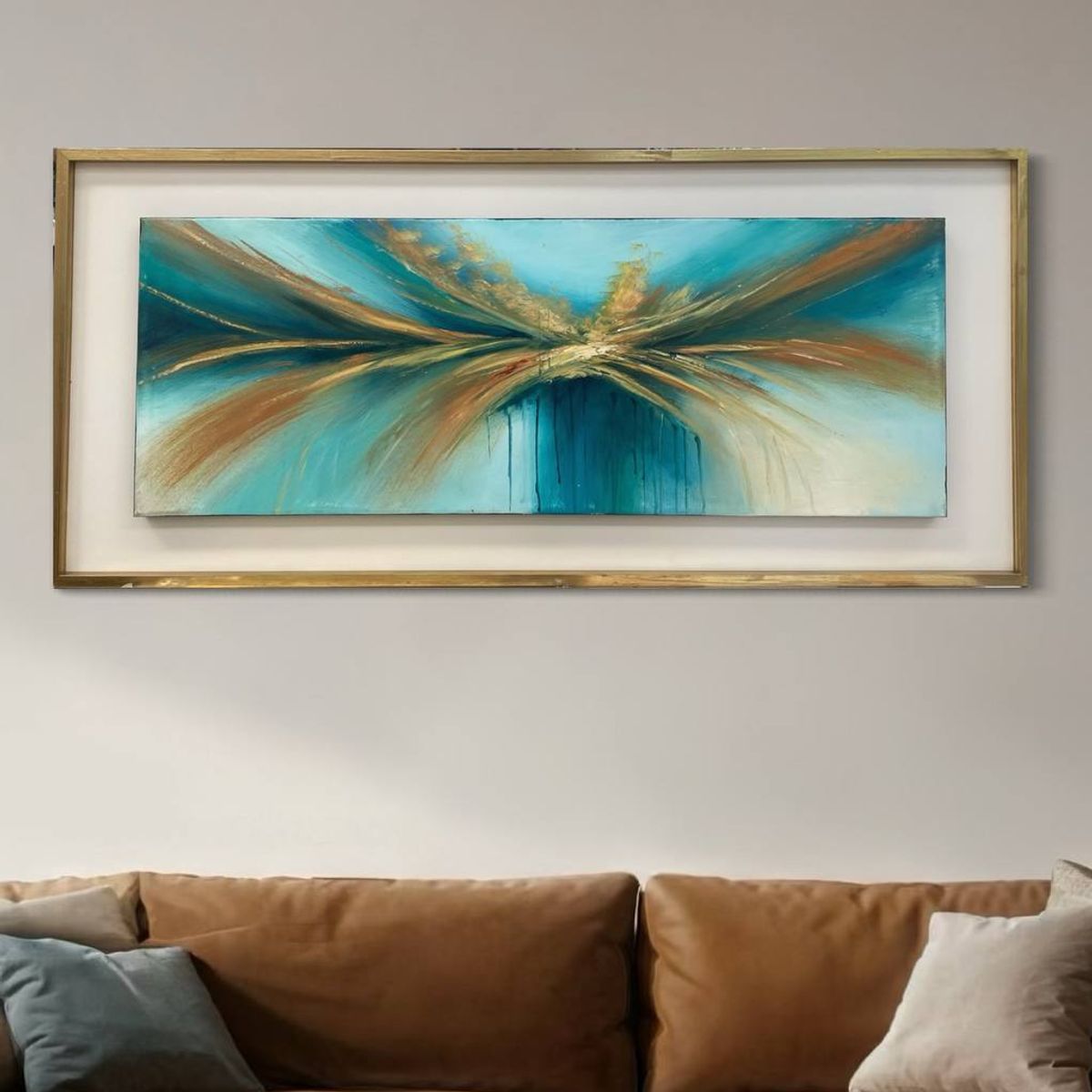 DEKAM DISEÑO - CUADRO ABSTRACTO PINTADO DALIA ENMCARCADO DORADO 146X66 CMS