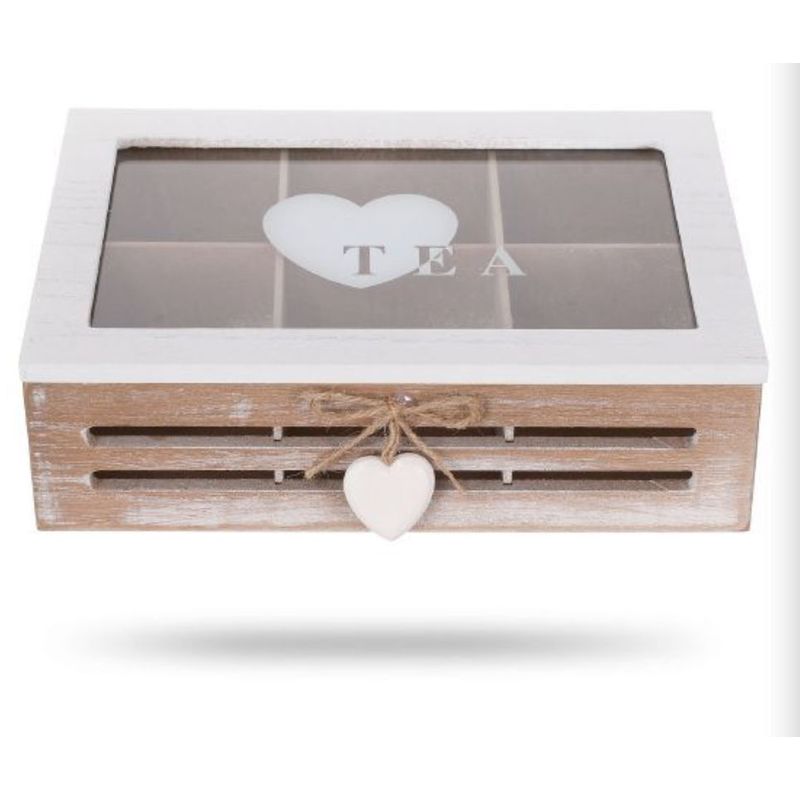 GENERICO - Caja De Té Mediana De Madera 6 Espacios Con Diseños Corazonn