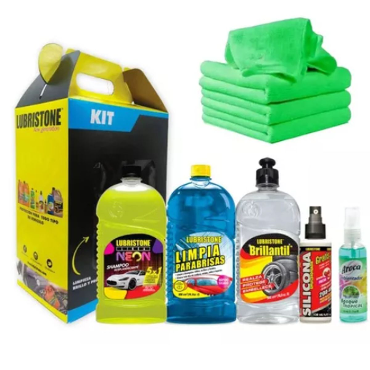 GENERICO - Kit Limpieza Automotriz Shampoo Silicona Aroma + 4 Paños