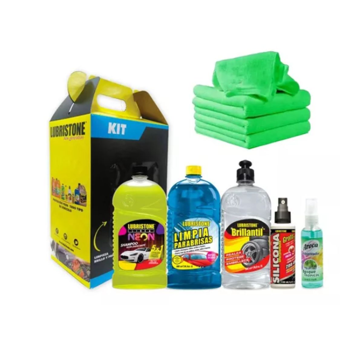 GENERICO - Kit Limpieza Automotriz Shampoo Silicona Aroma + 4 Paños