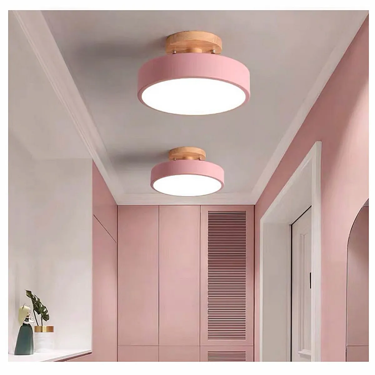 CASA NEW - Lámpara Led Techo 18cm Base de Madera Rosa