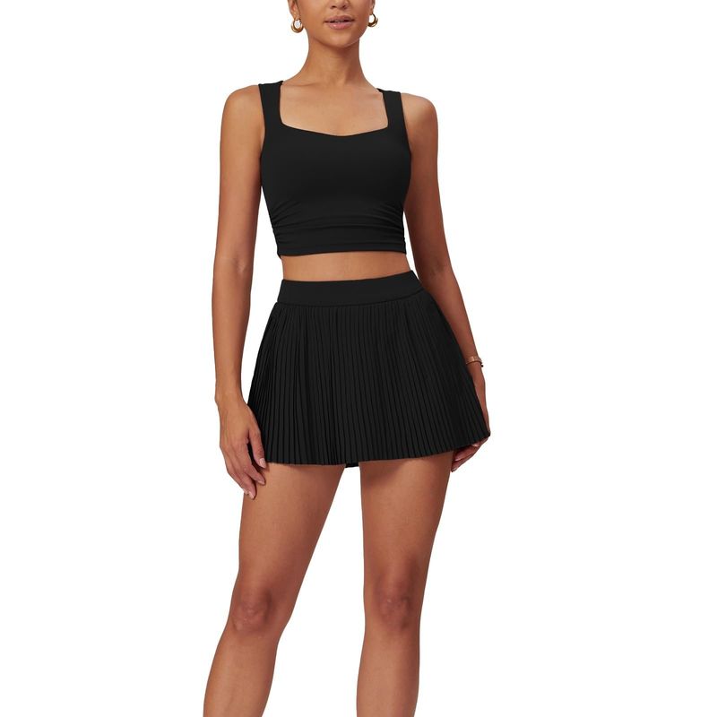 RURUTOTO - Conjunto Deportivo Gym Fitness Top Y Pantalones Falda Para Mujer Negro