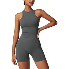 RURUTOTO - Traje De Deportivo Sin Costuras de Top y Shorts Mujer Negro