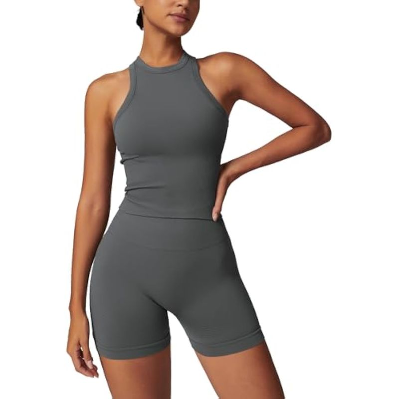 RURUTOTO - Traje De Deportivo Sin Costuras de Top y Shorts Mujer Negro