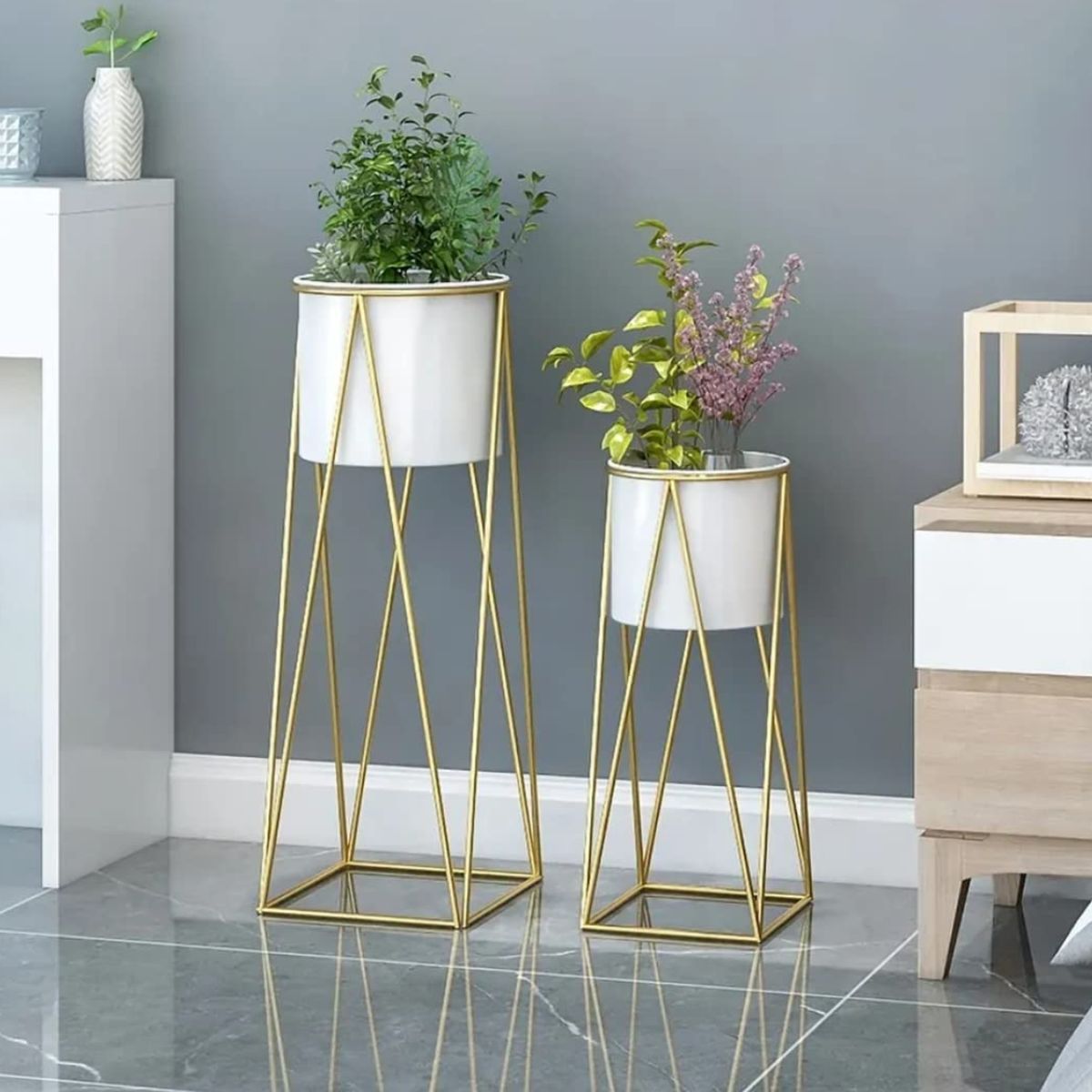 GENERICO - Set 2 Porta Maceteros Pedestal Maceta Plantas Blanco Dorados