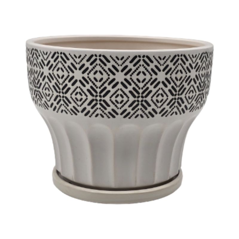 GENERICO - Macetero Maceta De Ceramica Blanco Patrones Negro Alto S