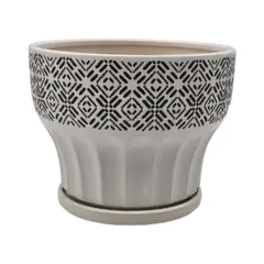 GENERICO - Macetero Maceta De Ceramica Blanco Patrones Negro Alto S