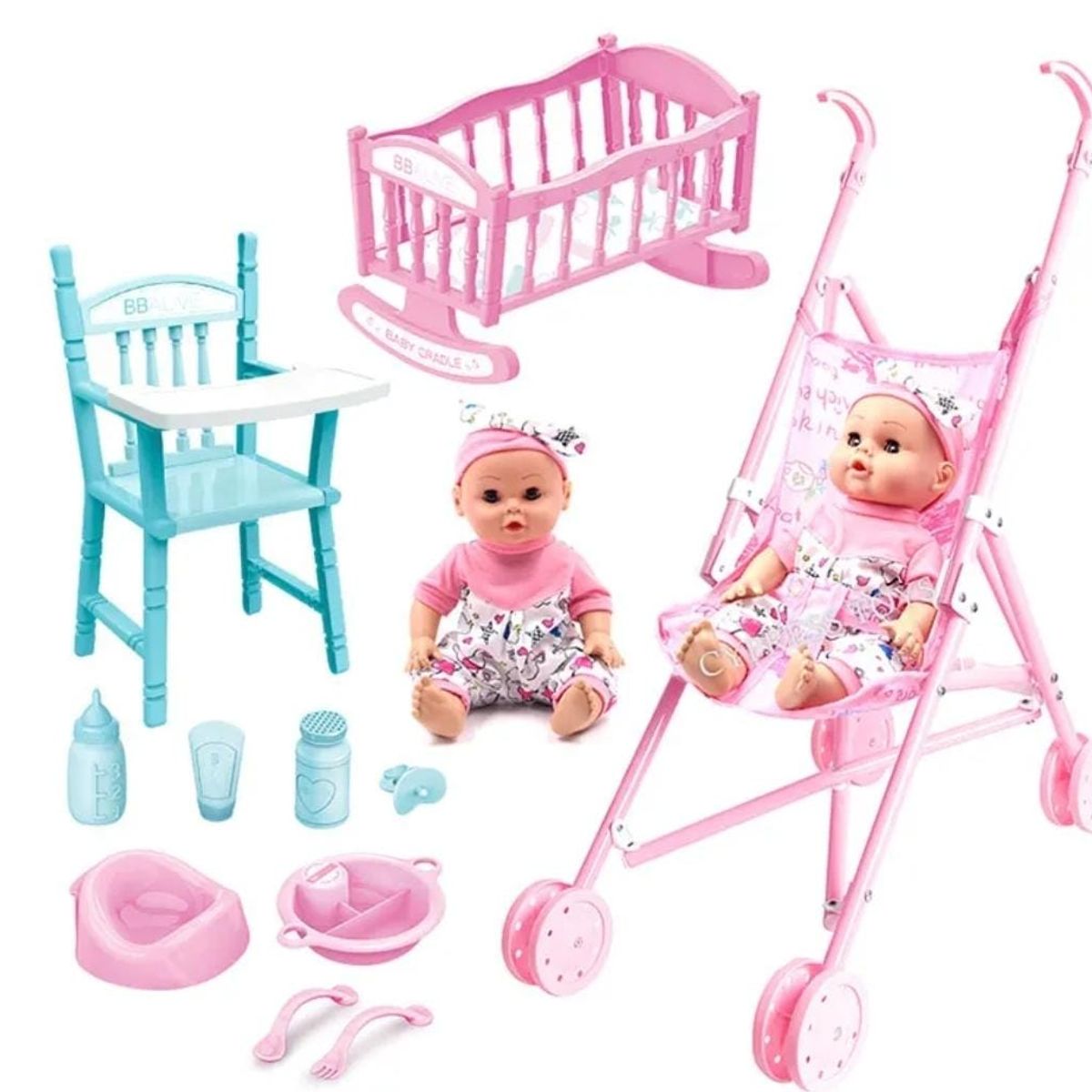 GENERICO - MUÑECA CON ACCESORIOS DE JUGUETE COCHE CUNA SILLA Y MAS