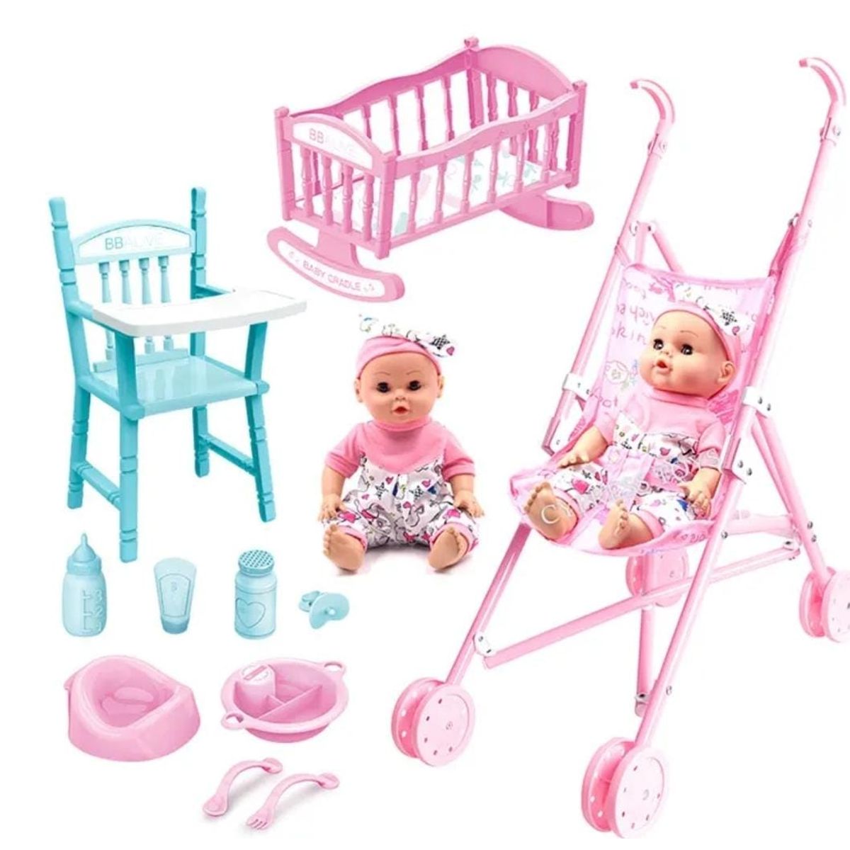 GENERICO - MUÑECA CON ACCESORIOS DE JUGUETE COCHE CUNA SILLA Y MAS