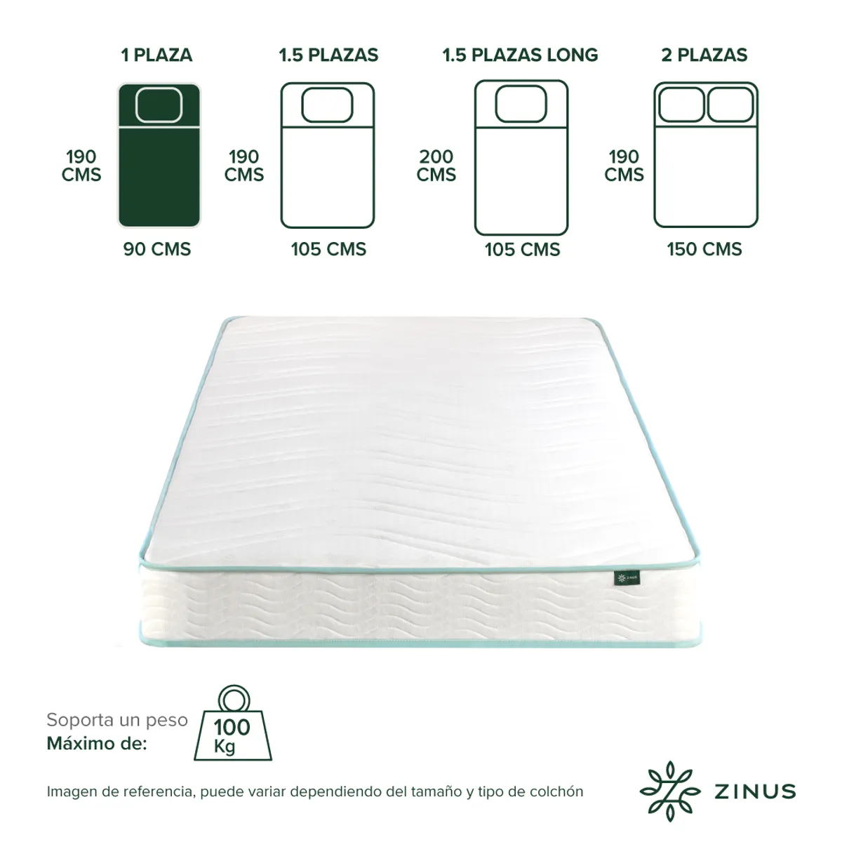 ZINUS - Colchón Zinus 1 Plaza Long  90x200x15cm de Resortes Bonell