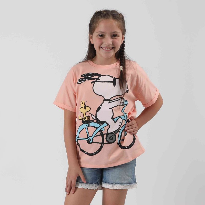 SNOOPY - Polera Manga Corta Niña Bicicleta Rosado Snoopy