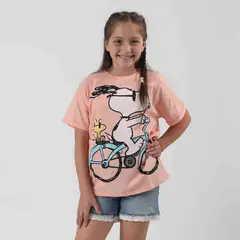 SNOOPY - Polera Manga Corta Niña Bicicleta Rosado