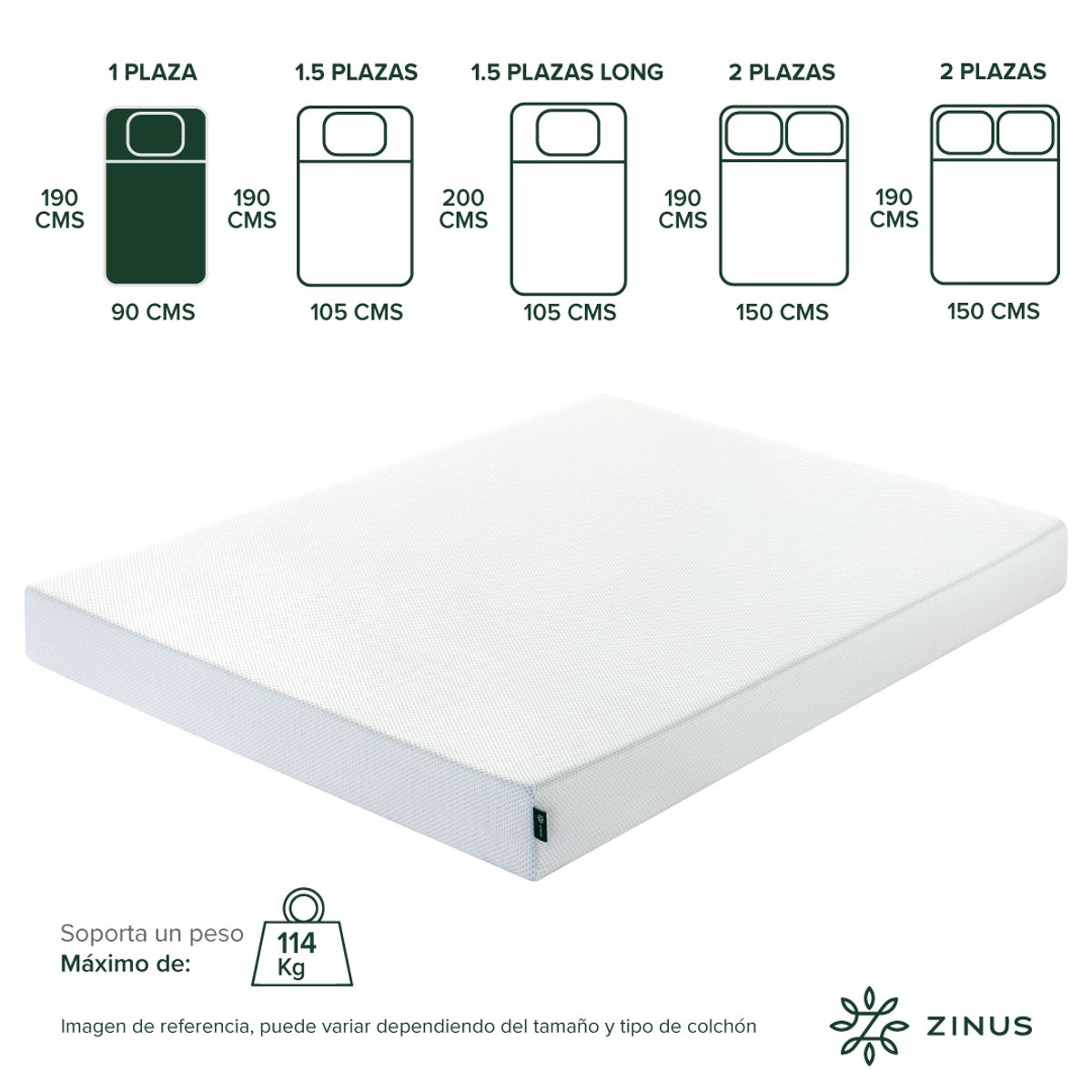 ZINUS - Colchón Zinus 1 Plaza 90x190x15cm Espuma y Fresco