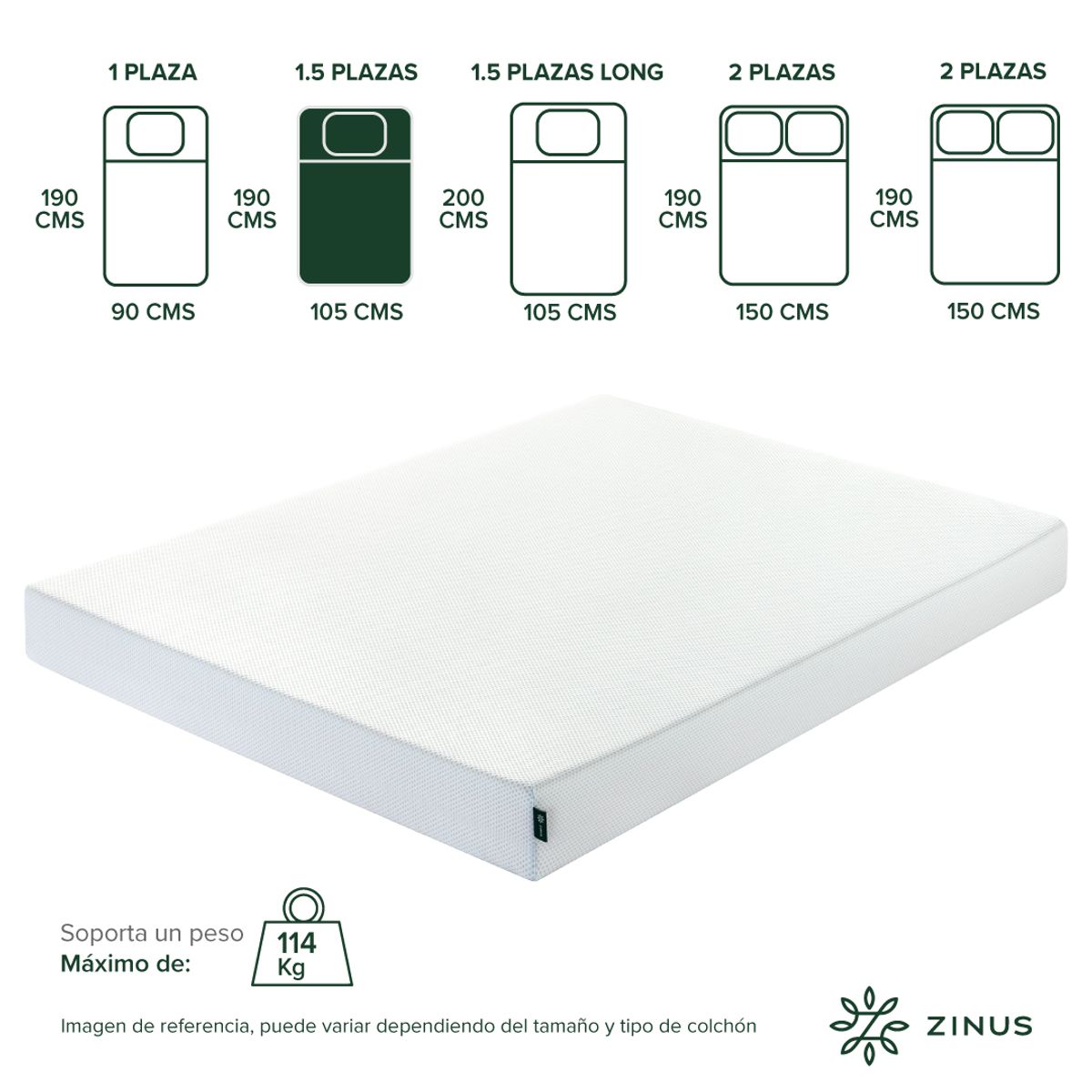 ZINUS - Colchón Zinus 1.5 Plazas 105x190x15cm Espuma y Fresco