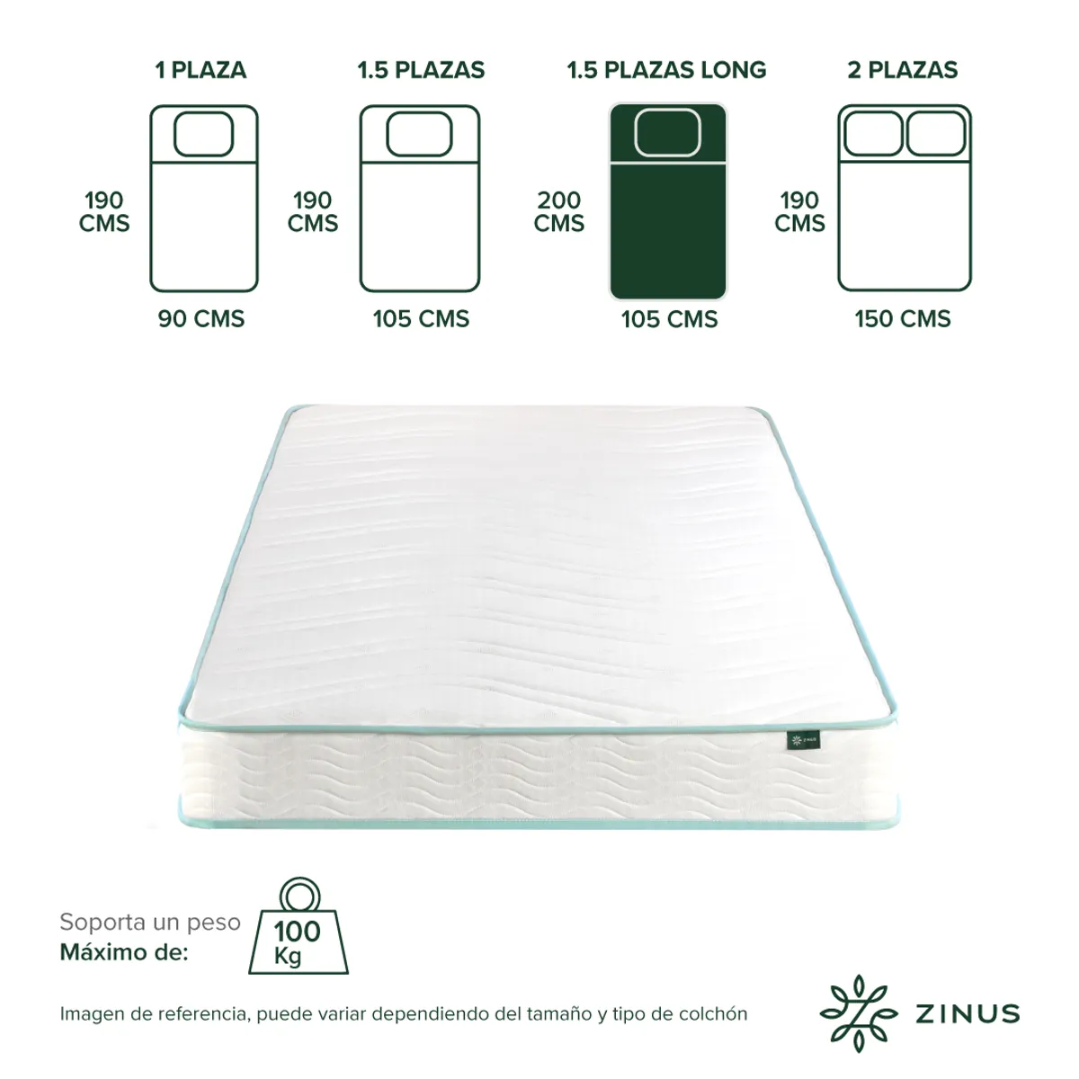 ZINUS - Colchón Zinus 1.5 Plazas Long 105x200x15cm de Resorte Bonell
