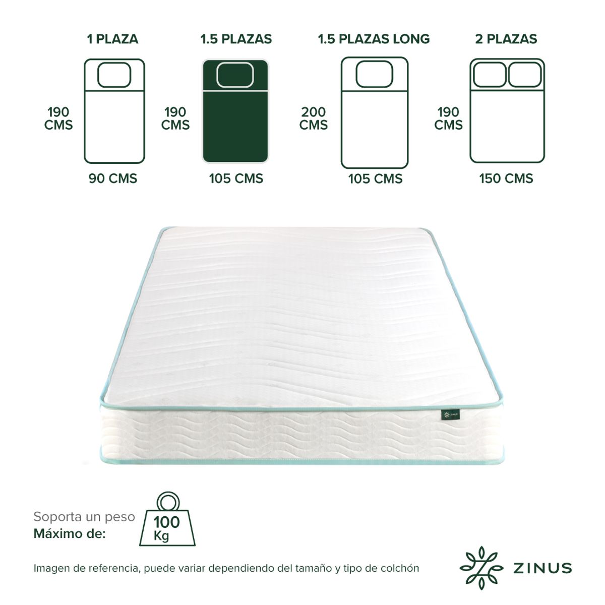 ZINUS - Colchón Zinus 1.5 Plazas 105x190x15cm de Resortes Bonell