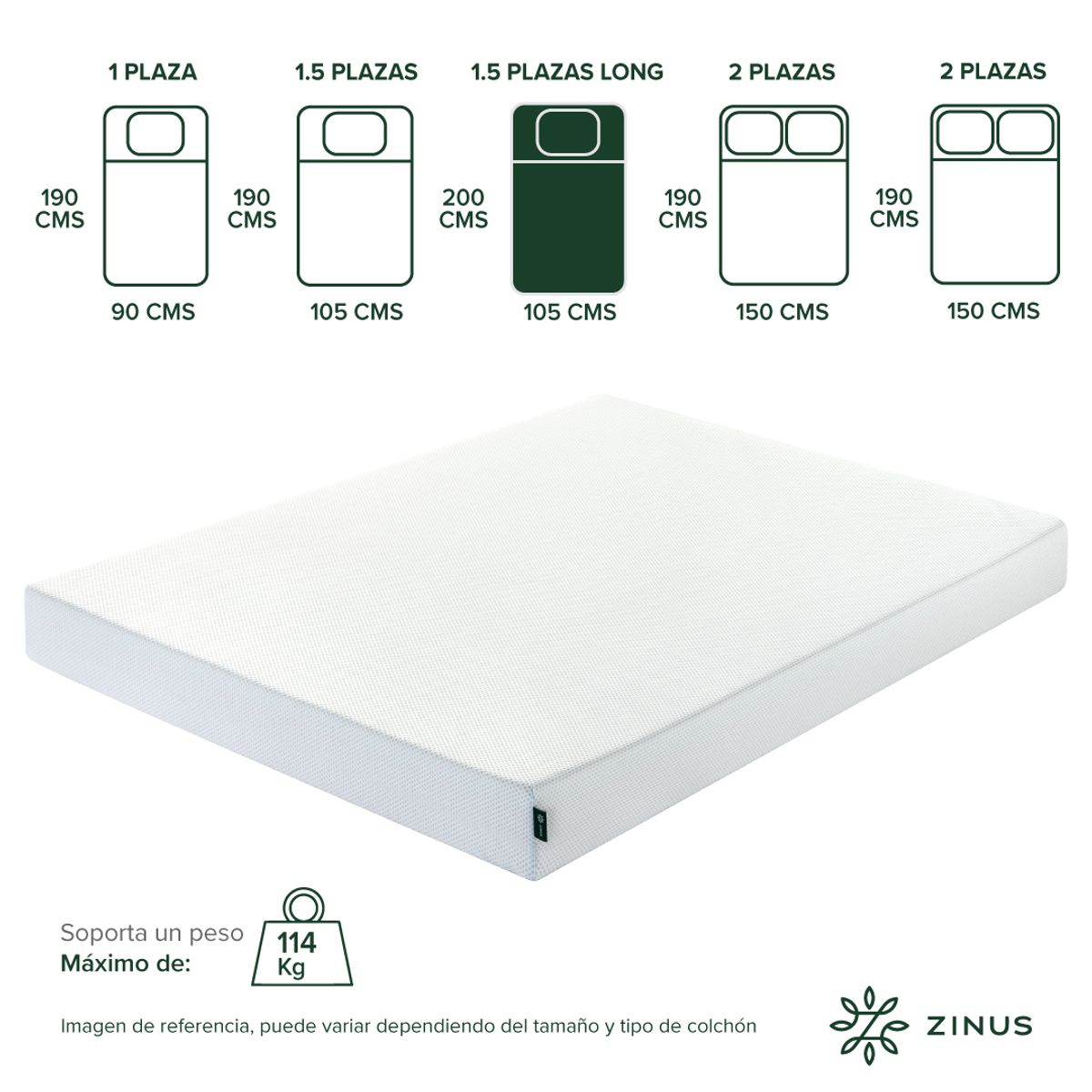 ZINUS - Colchón Zinus 1.5 Plazas Long 105x200x15cm Espuma y Fresco