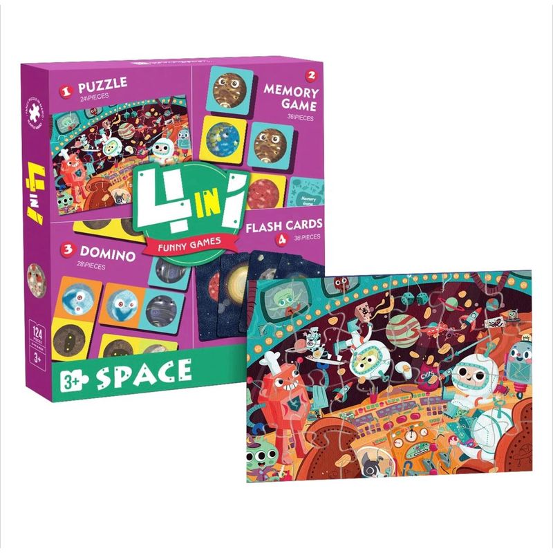 GENERICO - Juego didáctico 4 en1 Puzzle-memoria-domino-carta ASTRONAUTA