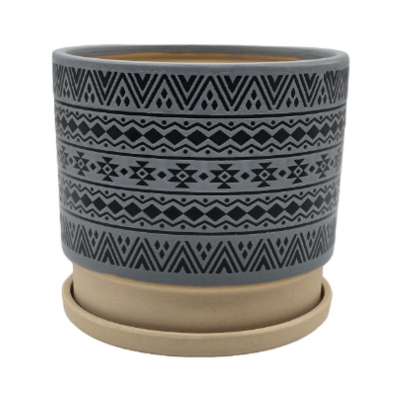GENERICO - Macetero Maceta De Ceramica Gris Con Patrones Negros M