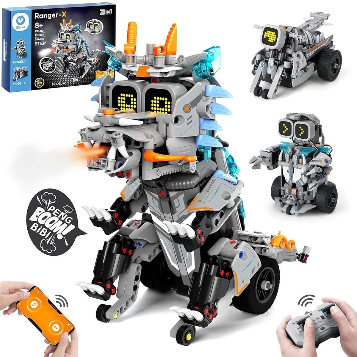 JUGUETON - 3 en 1 Dinobot Rex, Motobot y Robot Bloques Radio Control