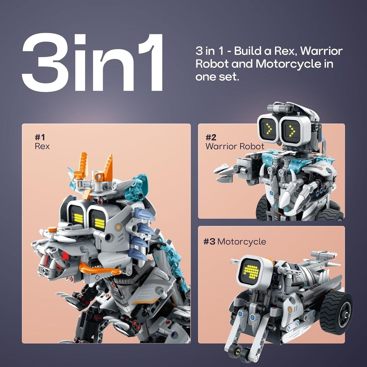 JUGUETON - 3 en 1 Dinobot Rex, Motobot y Robot Bloques Radio Control