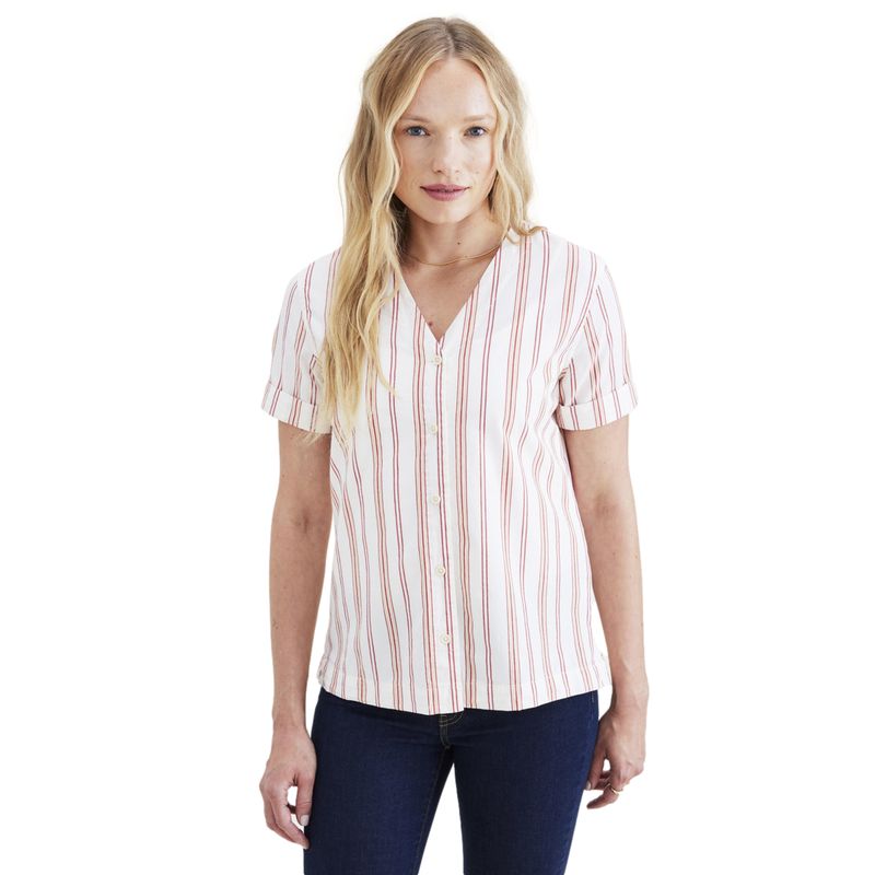 DOCKERS - Blusa Mujer V Neck Button Up Regular Fit Roja Rayada Dockers