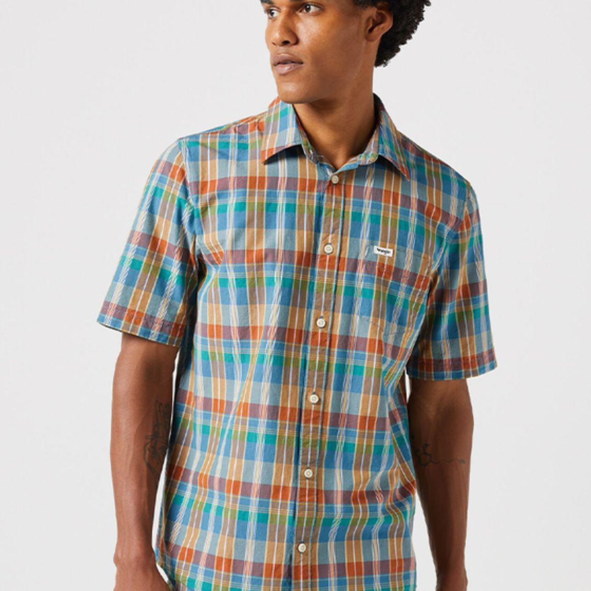 WRANGLER - Camisa Regular Fit 1 Pocket Plaid SS Celeste