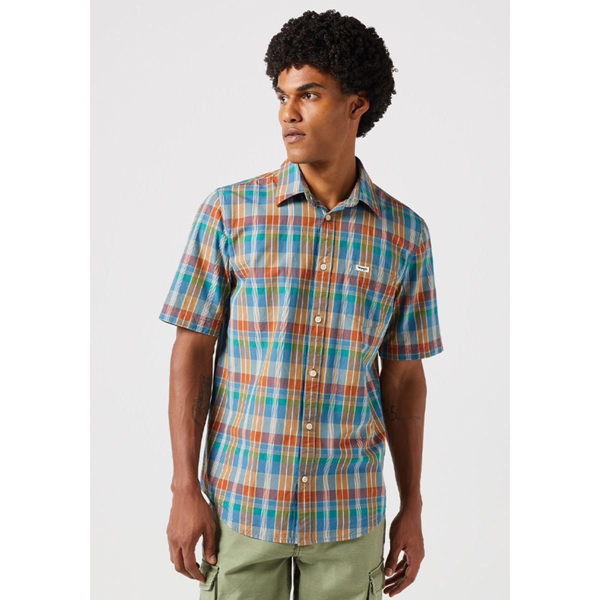 WRANGLER - Camisa Regular Fit 1 Pocket Plaid SS Celeste