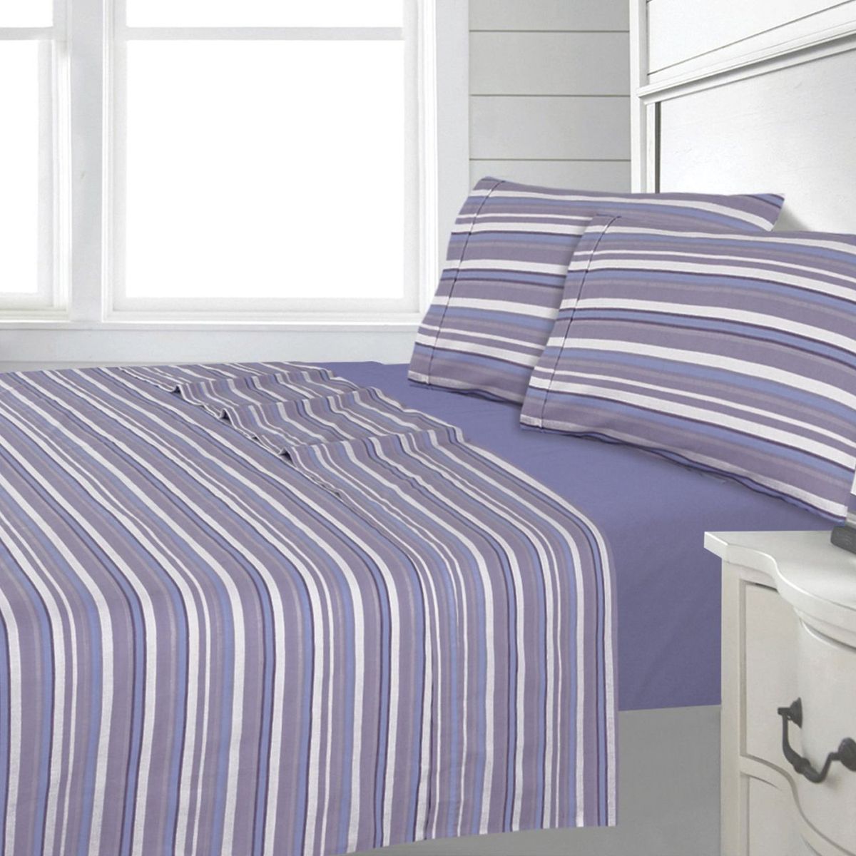 ANDES - SABANA ANDES 144 HILOS ESTAMPADA LINEAS LILA 2 PLAZAS