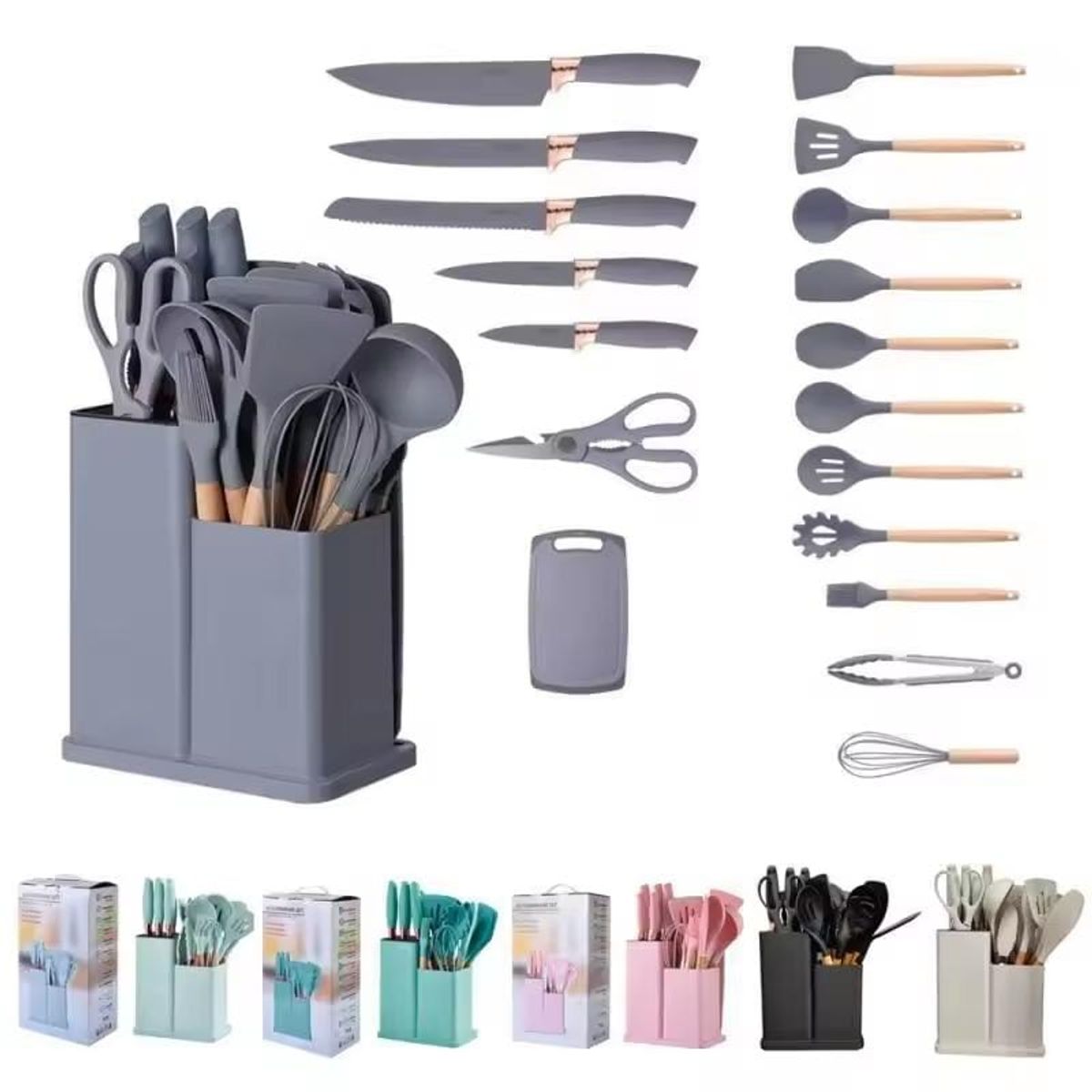 GENERICO - Set De Utensilios De Cocina Silicona 19 Piezas + tabla