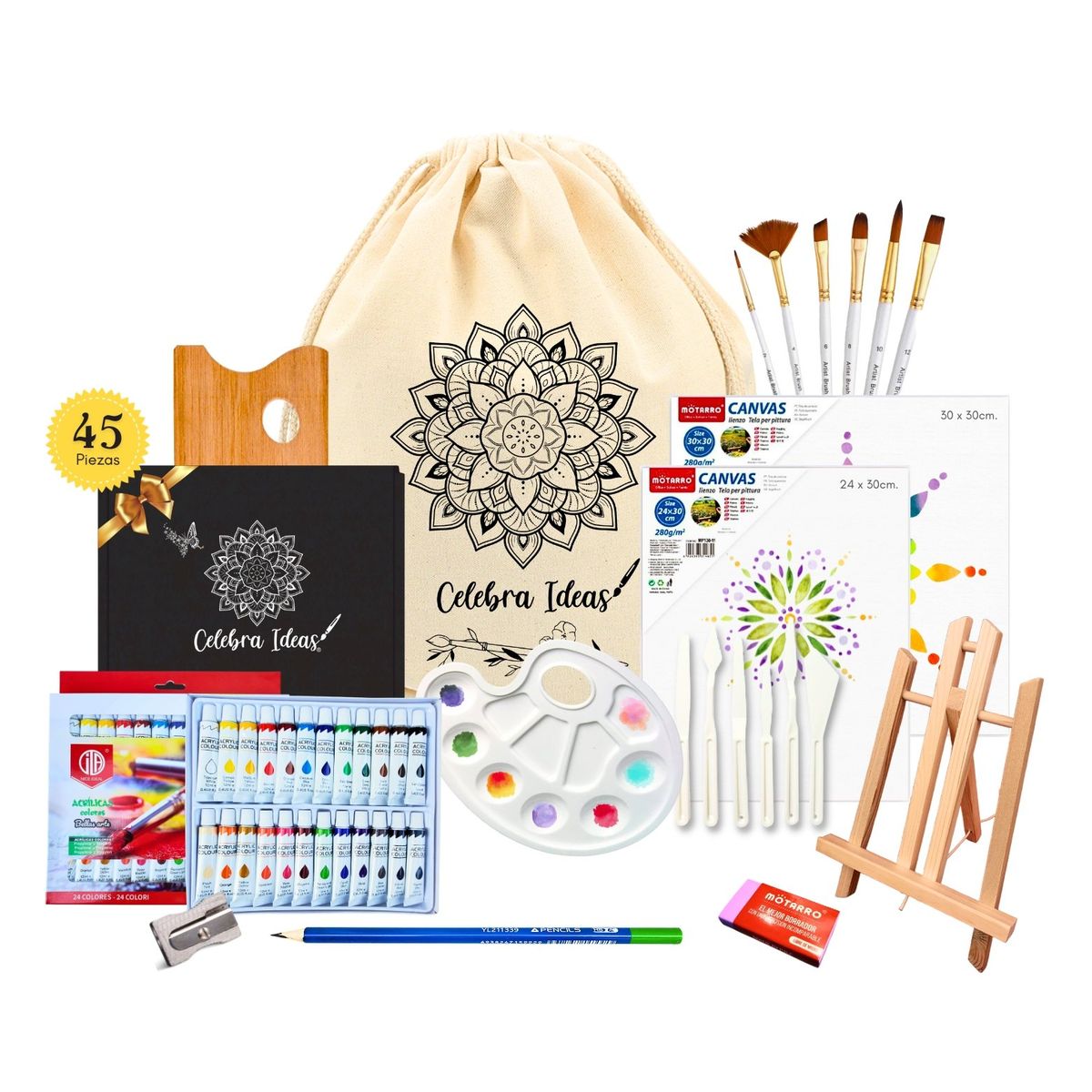 CELEBRA IDEAS - Set Arte Pinturas Acrílicas Kit arte 45 Piezas 24 Colores
