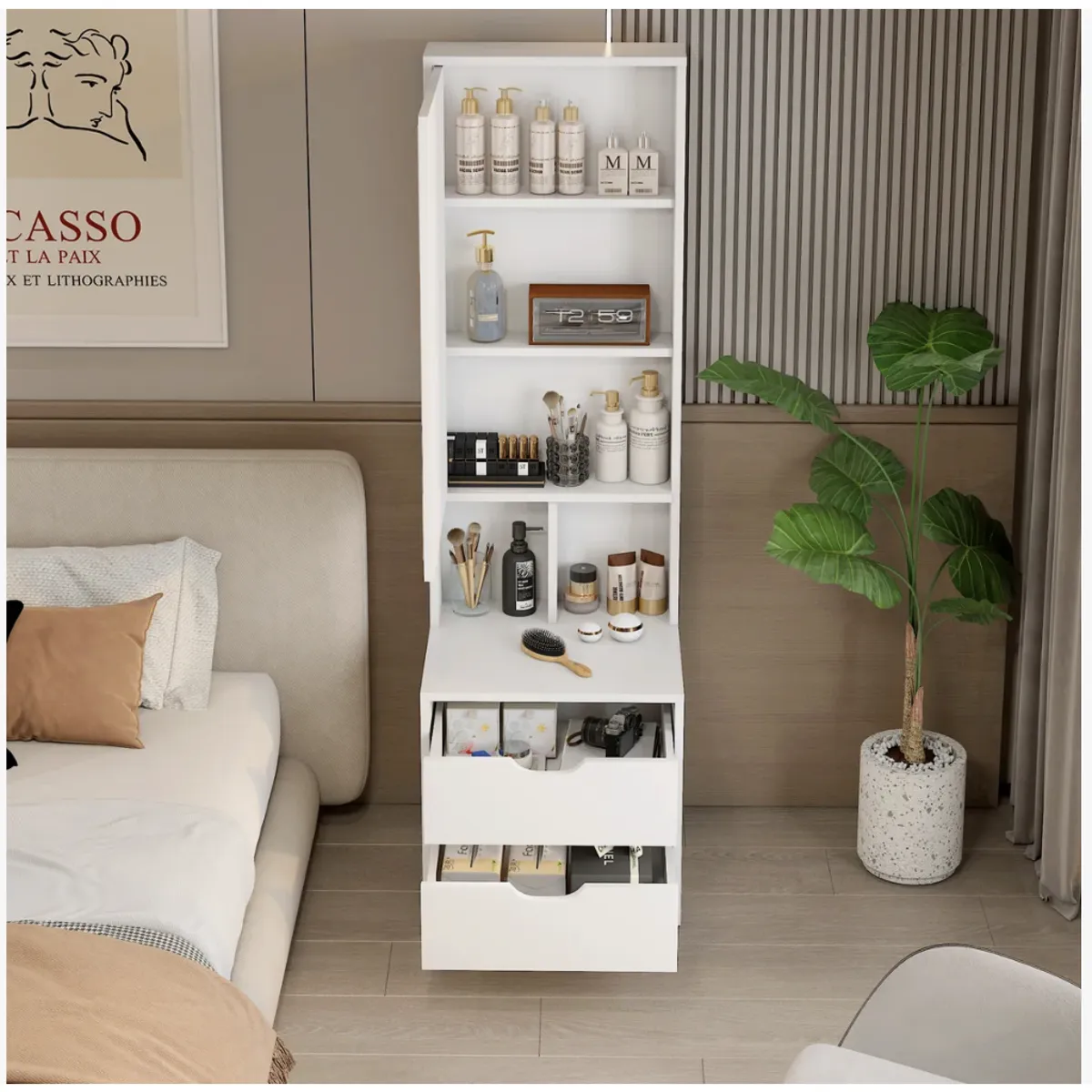 HOMER DESIGN - Velador Alto 160x40x40cm Con Espejo Y Espacio Para almacenar CT058-W