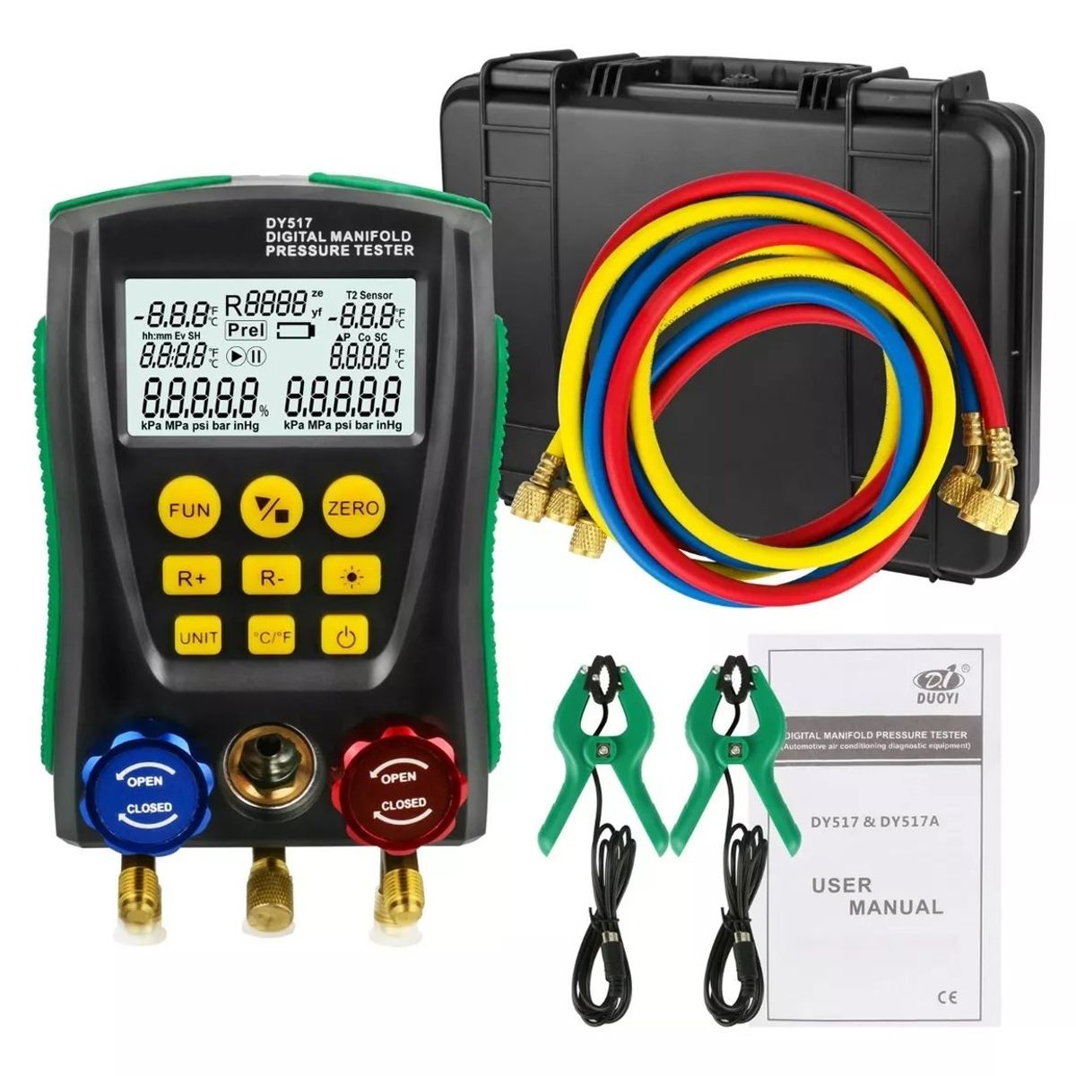 GENERICO - Manómetro Digital con mangueras y caimanes Douyi DY517-A