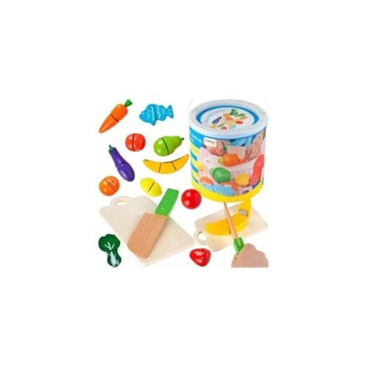 GENERICO - Balde con Frutas Y Verduras  Juguete de Madera Montessori