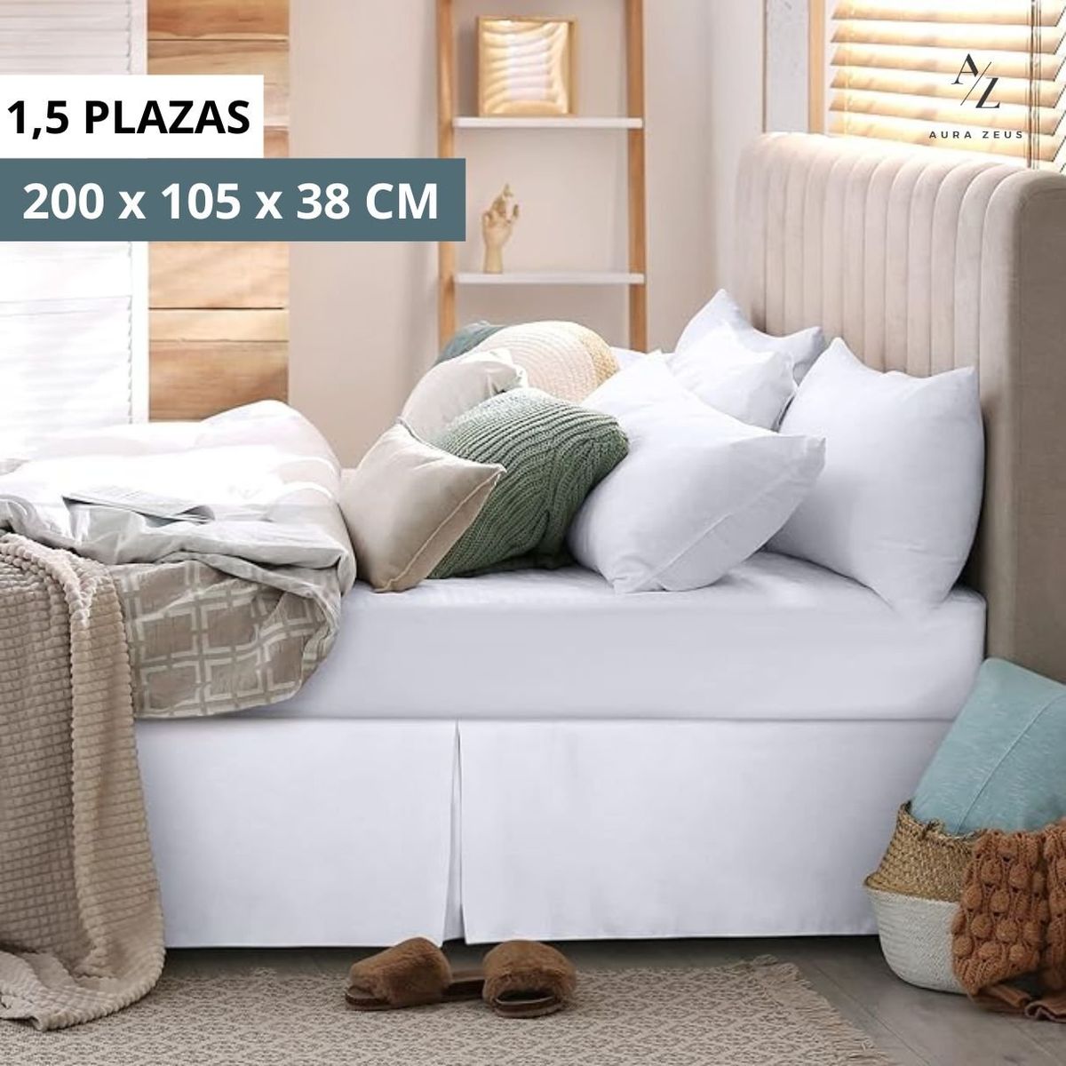 AZ AURAZEUS - Faldon Cama 1,5 Plazas Blanco Liso Elasticados Premium Aura Zeus