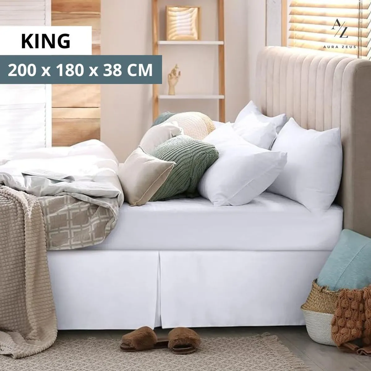 AZ AURAZEUS - Faldon Cama King Blanco Liso Elasticados Premium Aura Zeus