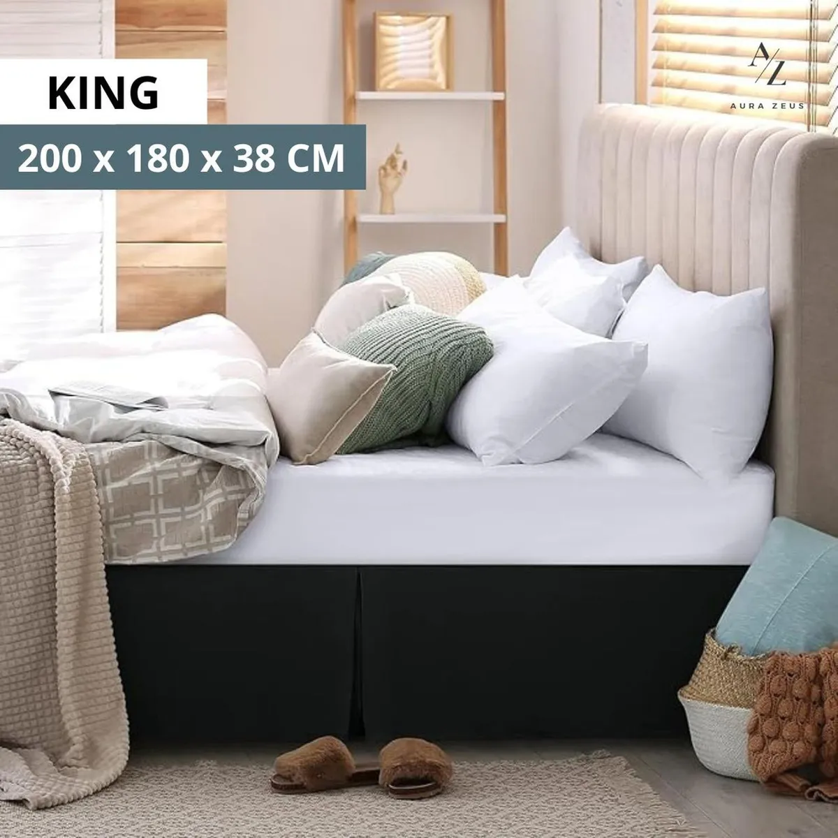 AZ AURAZEUS - Faldon Cama King Negro Liso Elasticados Premium Aura Zeus