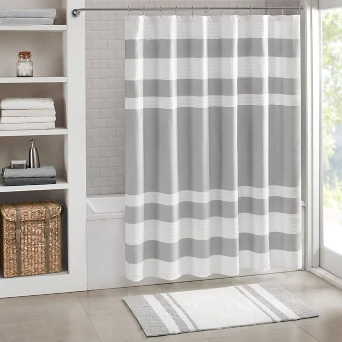 AZ AURAZEUS - Cortina De Baño Diseño Impermeable Tela Bano + 12 Ganchos Aura Zeus 200 x 180 Cm