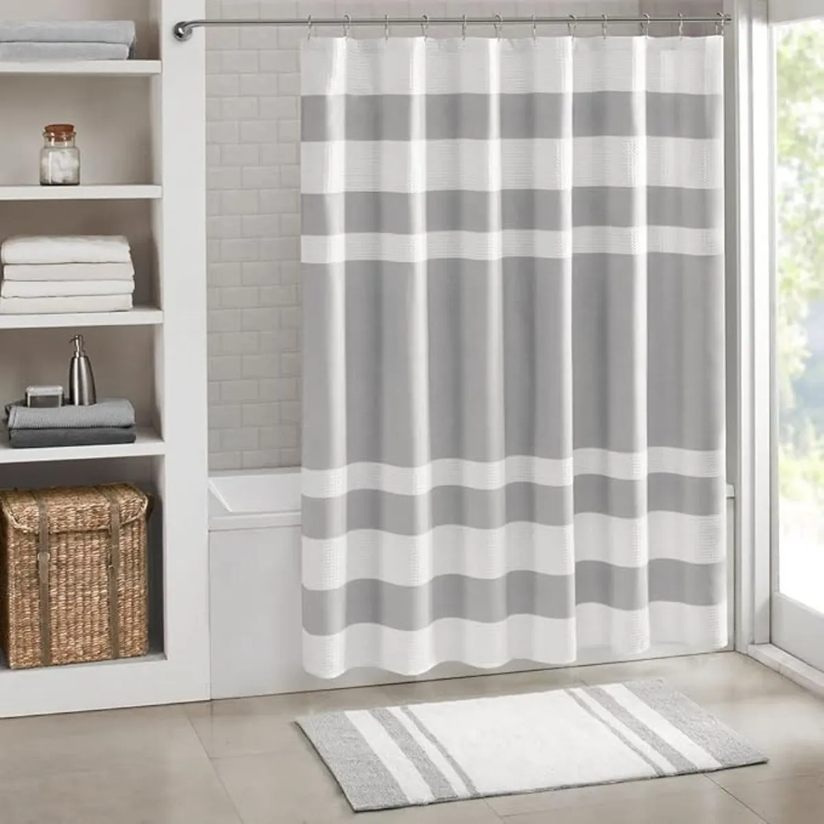 AZ AURAZEUS - Cortina De Baño Diseño Impermeable Tela Bano + 12 Ganchos Aura Zeus 200 x 180 Cm