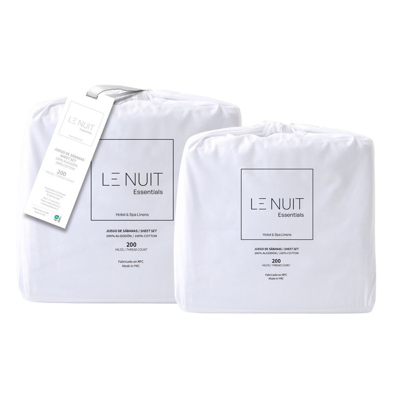 LE NUIT - 2 Sets Sábanas 15 Plazas 100% Algodón 200 Hilos Essentials Liso Blanco