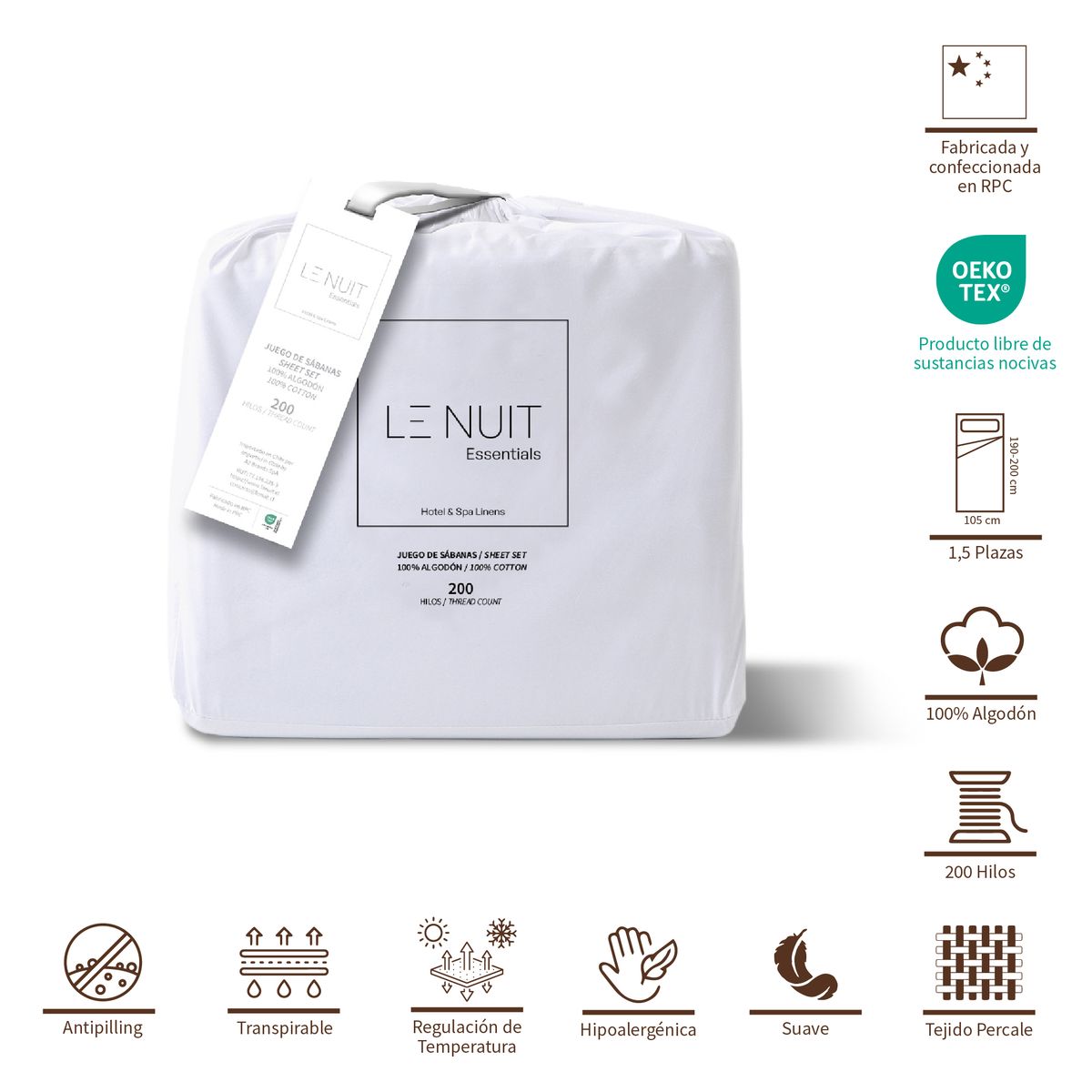 LE NUIT - 2 Sábanas 15 Plazas 100% Algodón Percale 200 Hilos Essentials Liso Blanco