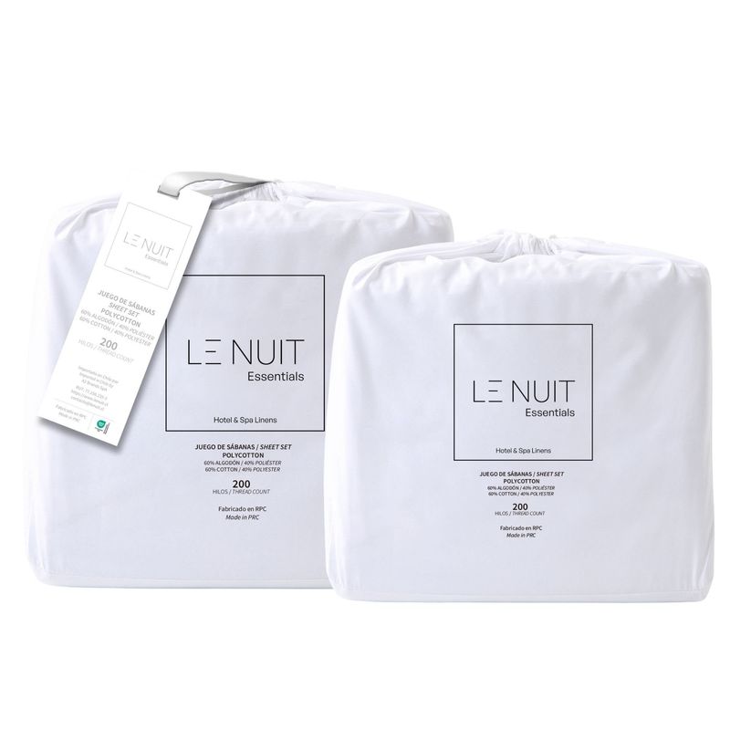 LE NUIT - 2 Sets Sábanas 1 Plaza Polycotton 200 Hilos Essentials Liso Blanco