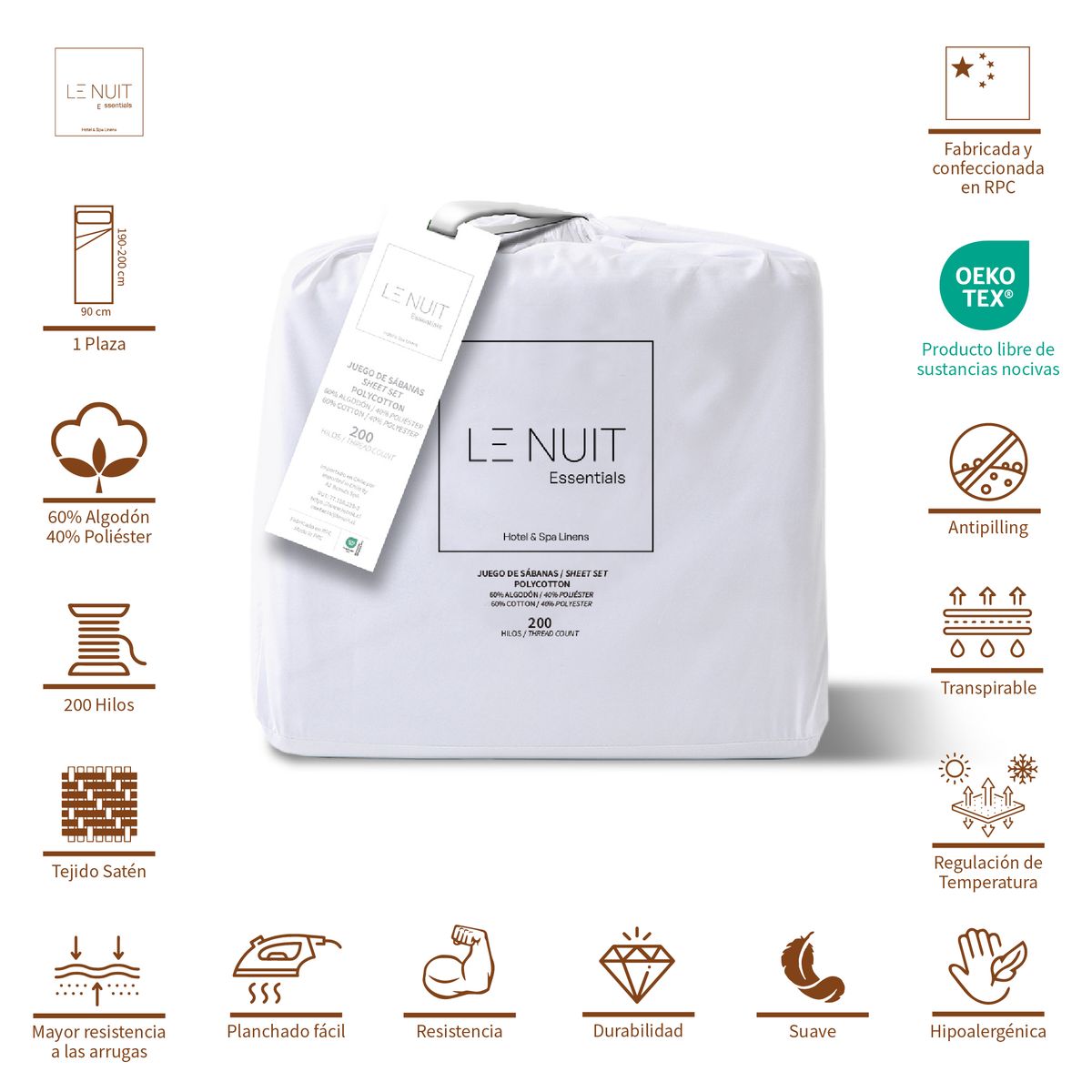 LE NUIT - 2 Sábanas 1 Plaza Polycotton Percale 200 Hilos Essentials Liso Blanco