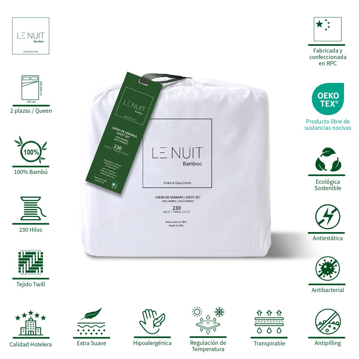 LE NUIT - 2 Sábanas 2 Plazas 100% Bambú Twill 230 Hilos Essentials Liso Blanco