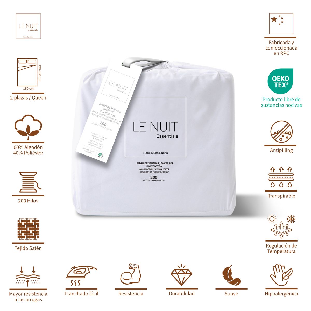 LE NUIT - 2 Sábanas 2 Plazas Polycotton Percale 200 Hilos Essentials Liso Blanco