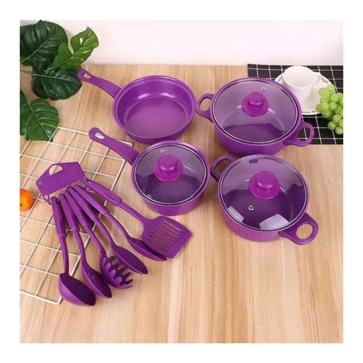 ANGELES DEL HOGAR - Bateria De Cocina 14 Piezas Morado Antihaderente Templado