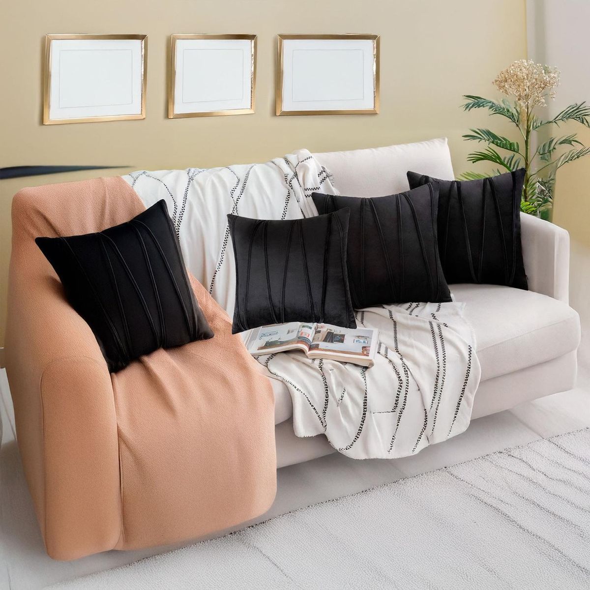 GENERICO - Fundas De Cojin Decorativa 45x45 Lineas Negro PACK 4 U